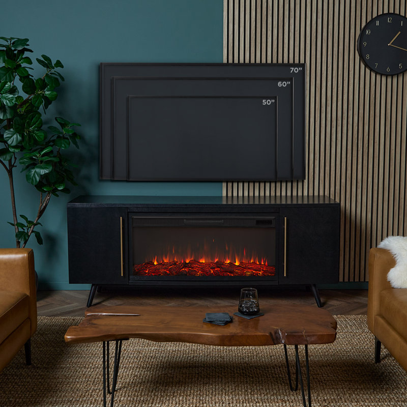 Morris 72" Mid-Century TV Stand with Electric Fireplace by Real Flame, Black, Standard