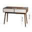Table d'entrée avec 2 tiroirs à panneaux sculptés, console avec espace de rangement et pieds en bois, table de canapé derrière le canapé