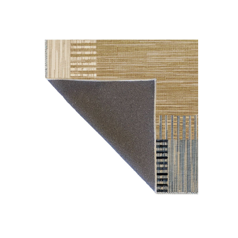 Tapis décoratif beige moderne à rayures carrées mélangées lavable à la machine, Rectangle 3 pi 3 po x 4 pi 11 po
