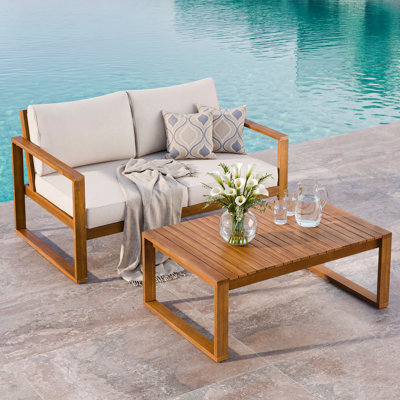 Loomera Loveseat with Coffee Table (Part 1 of 2) - Wood Outdoor Seating with Water-Resistant Textured Cushions & Deep Seating