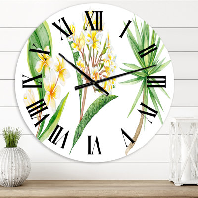 Feuillage tropical et fleurs jaunes - horloge murale traditionnelle