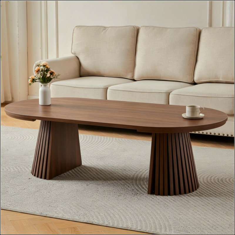 Table basse en bois ronde en bois, flexible et extensible, multifonctionnelle et peu encombrante, conception ovale à la mode et pieds à lattes, table à thé ou bureau, table de salon moderne