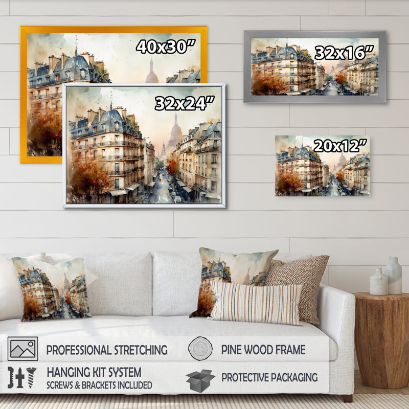 Aquarelle de Paris, France I sur impression sur toile, Cadre noir, H 16 po x l 32 po x P 1 po