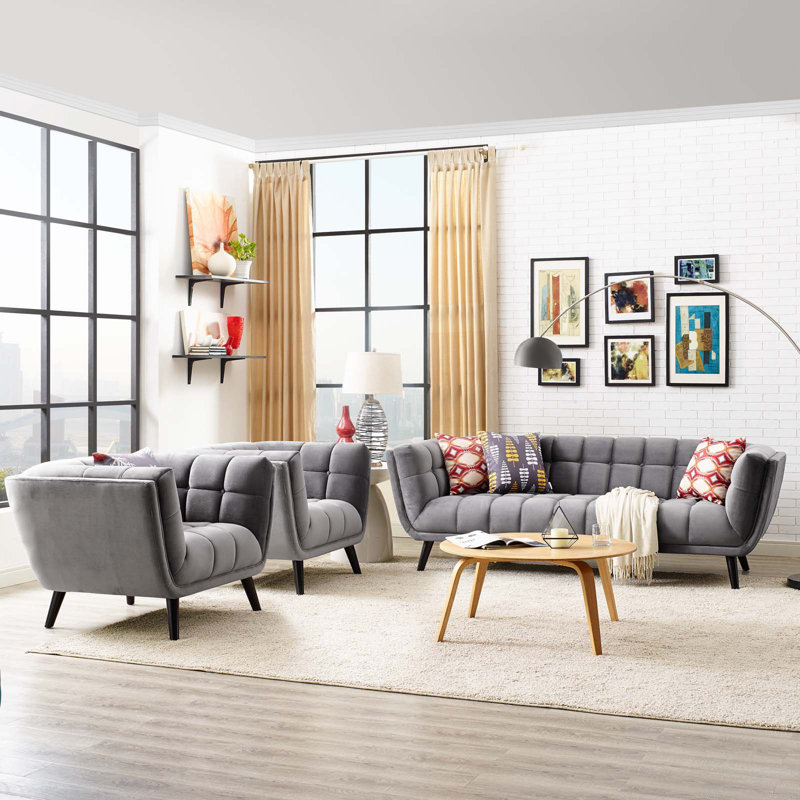 Ensemble de canapé et fauteuil rembourrés en tissu 3 pièces Bestow, Velours gris performance