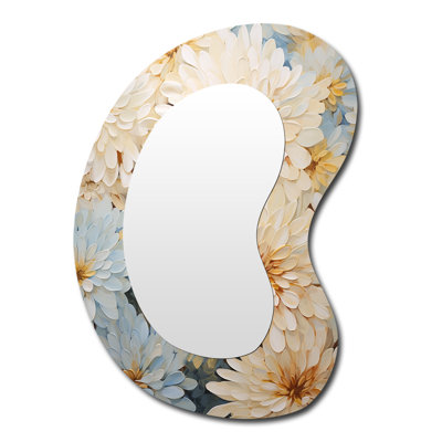 Virenque Garden Bliss Mums In Soft Colors I - Mums Irregular Shape Mirror, Beige Asymmetrical Decorative Wall Mirror, Printed Metal Art