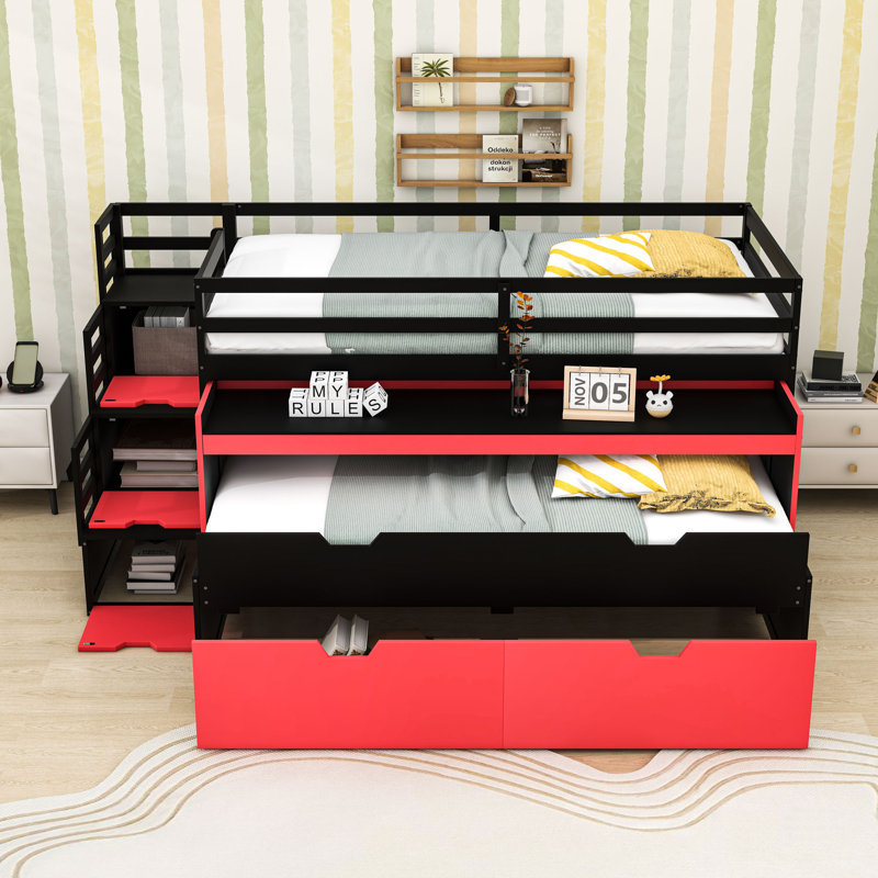 Lit mezzanine en bois avec bureau divisé et lit gigogne simple, tiroirs, Extra Long Twin, Black Red