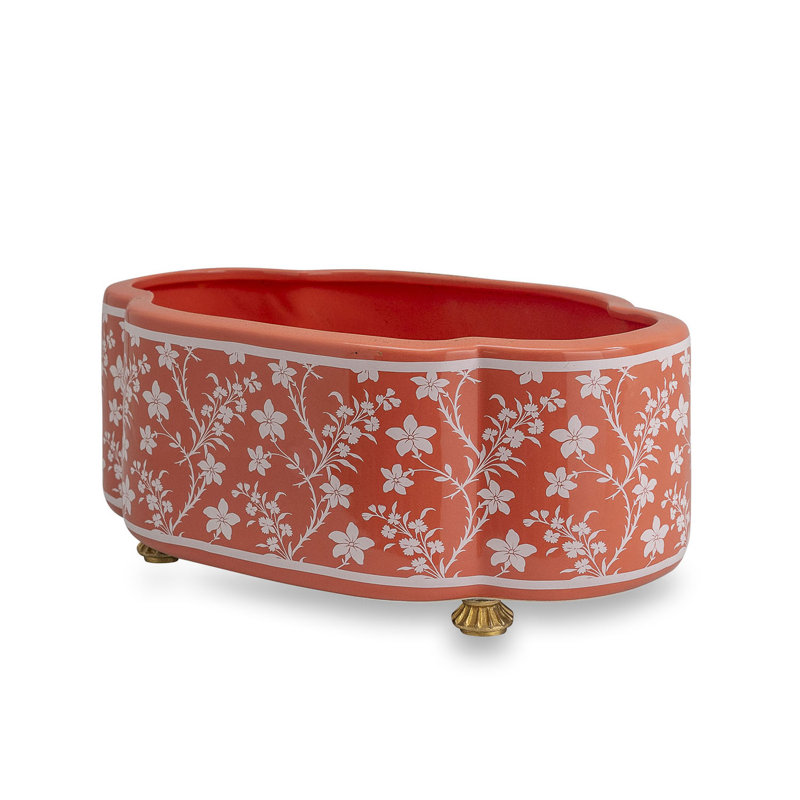 Foral Vine Stone Scallop Planter, Red