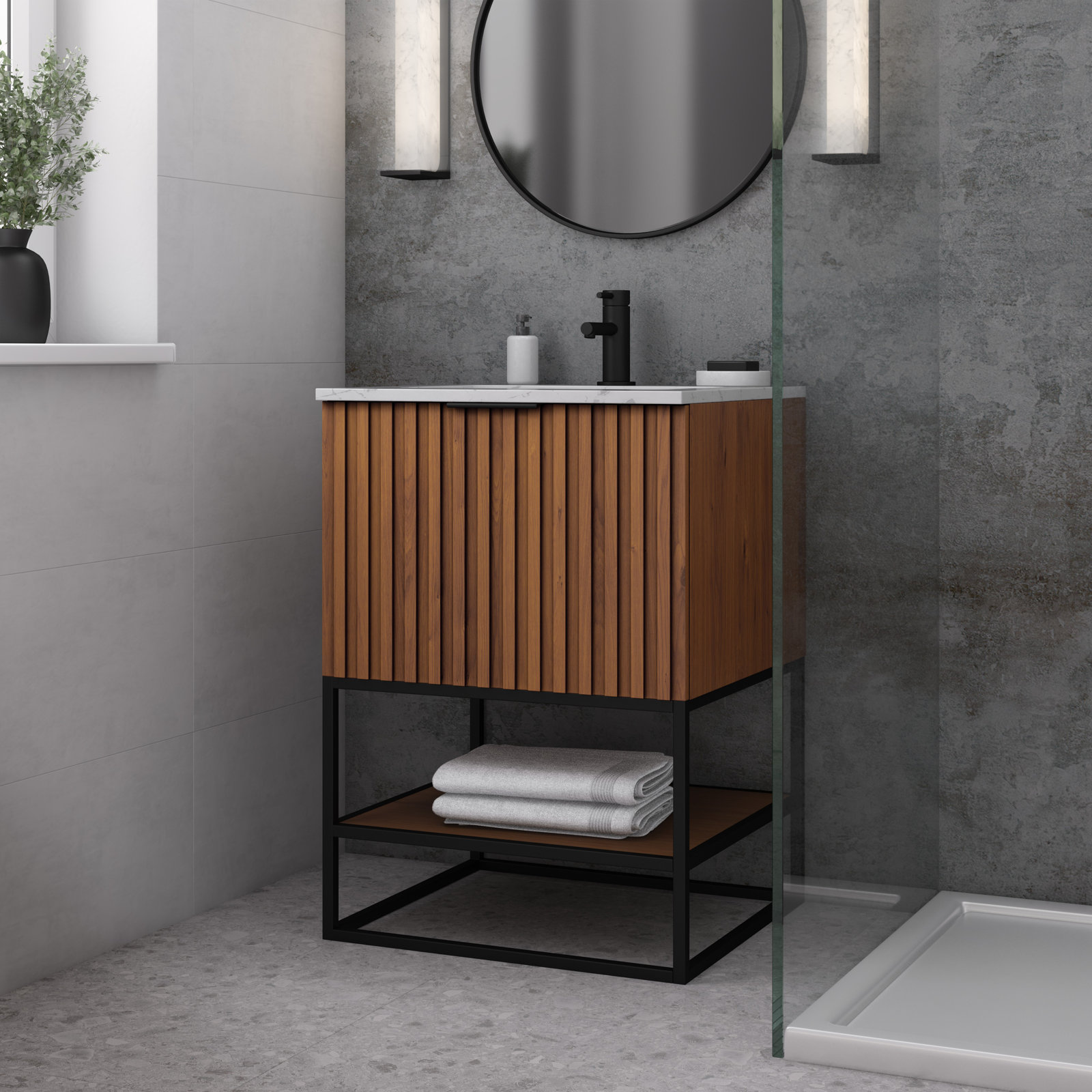 Terra 24'' Single Bathroom Vanity, Matte Black, Carrara Marble/Single Faucet Mount