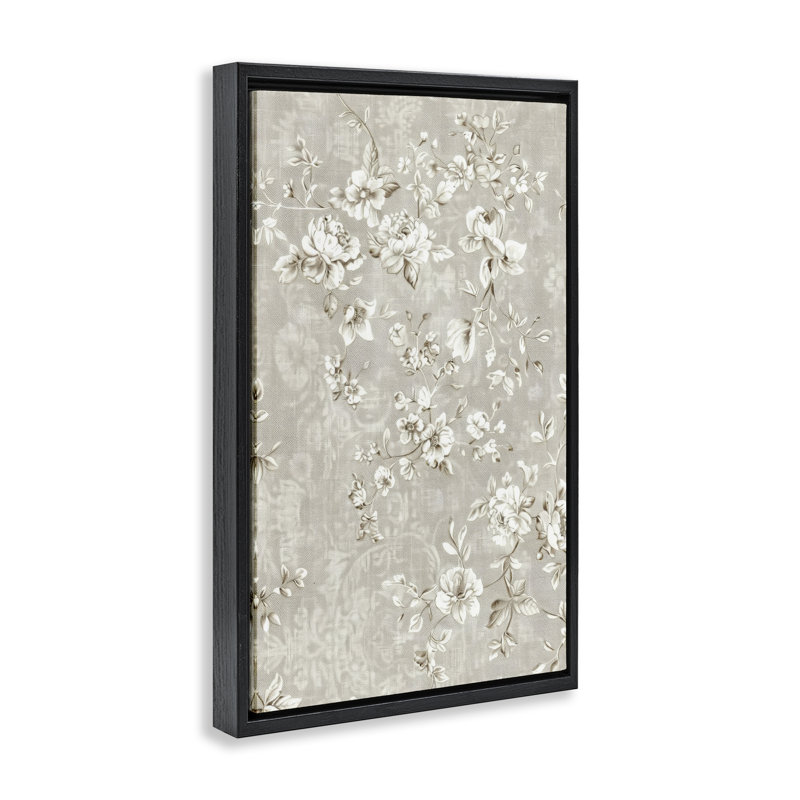 Fleurs blanches sur un cadre flottant damassé, design par LSR Creative Studio, Cadre flottant noir de jais, H 25 po x l 17 po