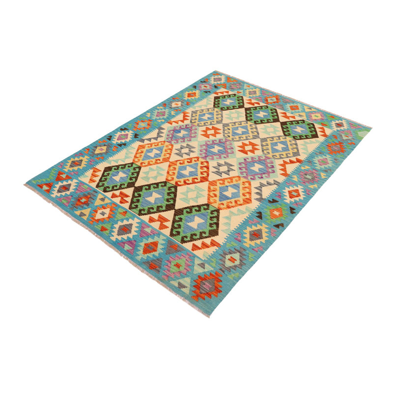 Tapis beige / bleu / rouille en laine noué à la main de style sud-ouest rectangulaire 5 pi x 6 pi Dunmire