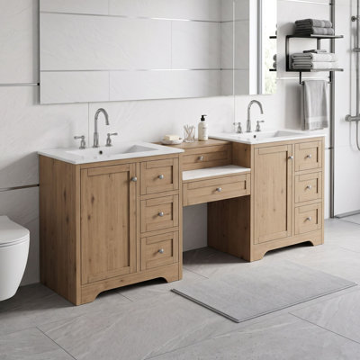 Meuble-lavabo autoportant à double cuve avec lavabos, tiroirs et stations de recharge en céramique