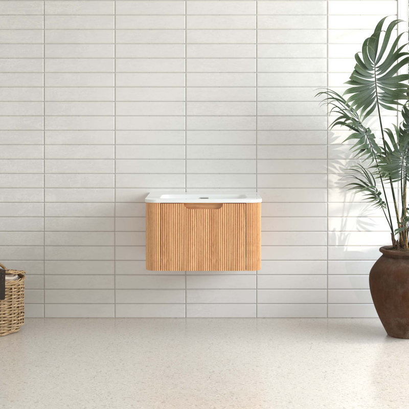 24" Wall-Mounted Floating Bathroom Vanity Pre-Assembled Curved Edge Storage Bathroom Cabinet With Ceramic Basin, 24"