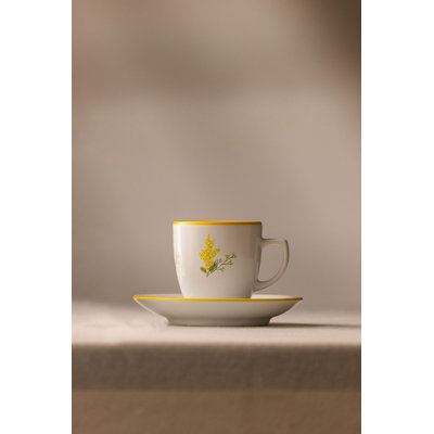 Elegant Ceramic Coffee Cup Set (4 Pieces) - White & Yellow | 100% Ceramic | Cups: 3.5 x 3.5 x 2.6 inches, 3.7 fl oz (2 Pieces) | Saucers: 4.5 x 4.5 x 0.8 inches (2 Pieces) | Ideal for Home & Office, Hand Wash Recommended