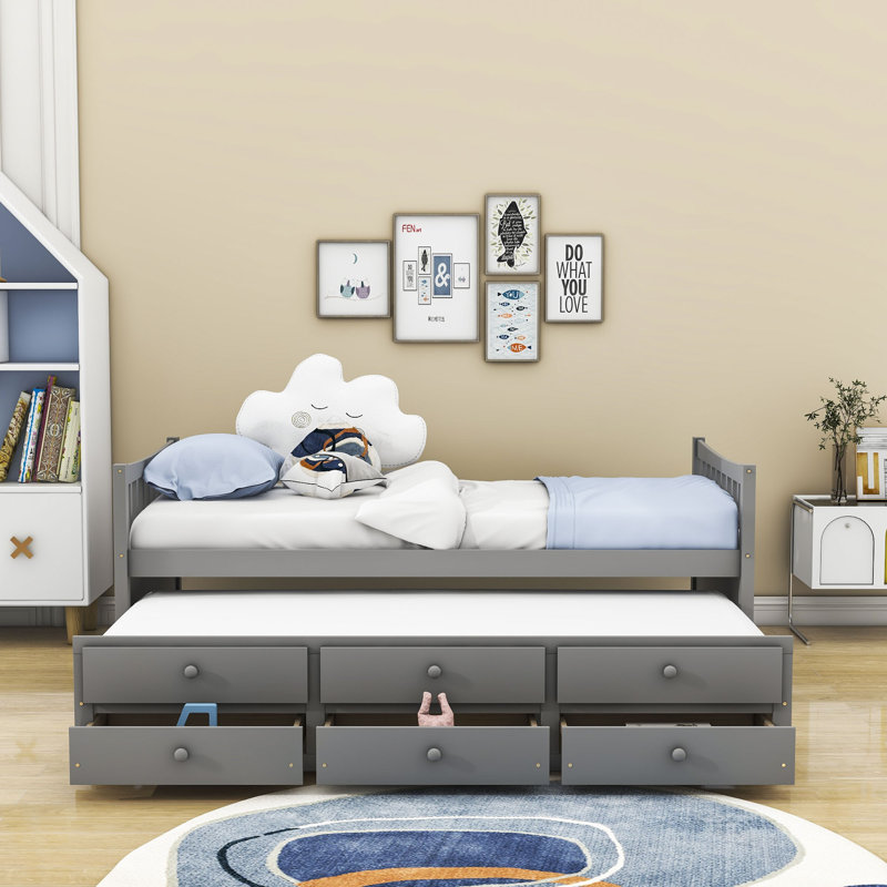 Twin Size 3 Drawers Platform Bed with Trundle, Gray