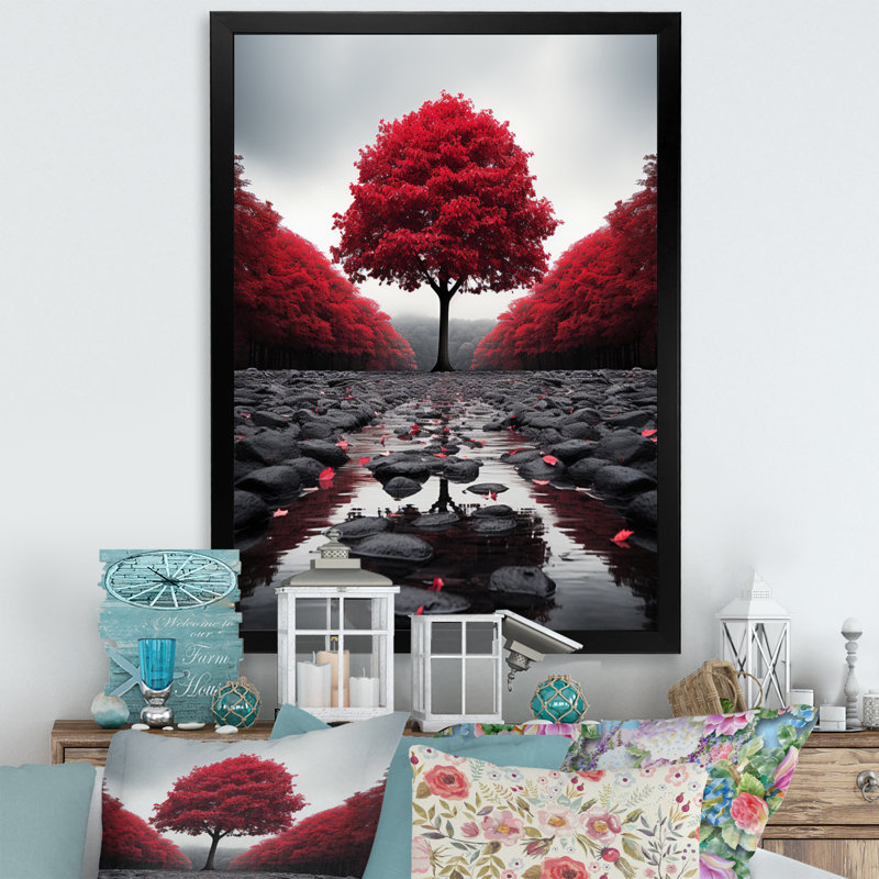 Rouge et gris forêt sérénité - art mural forêt, H 32 po x l 16 po x P 1 po, Cadre simple noir