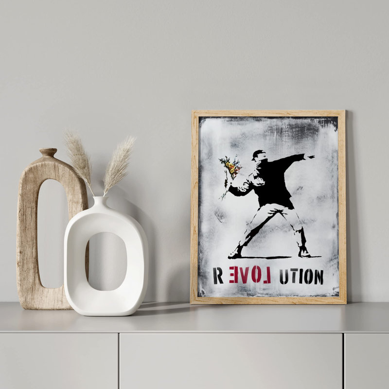 "The Revolution Man In Black Throwing Flowers Creative Banksy Graffiti Cement Grey Wall Decor" sur papier, Naturel