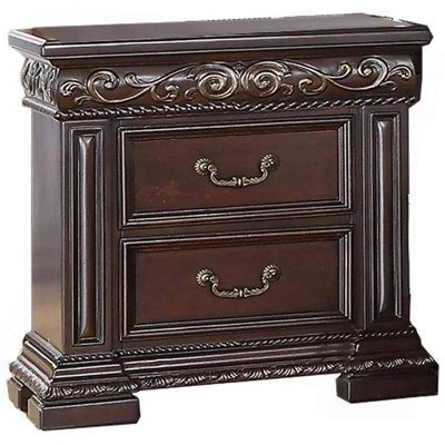 Traditional Bedroom Furniture 2 Drawer Nightstand, Solid Wood Carvings Bedside Table