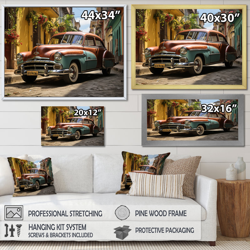 «Vintage Car», art mural classique sur toile, «Vintage Cuban Heritage», Cadre simple argenté, H 24 po x l 32 po x P 1 po
