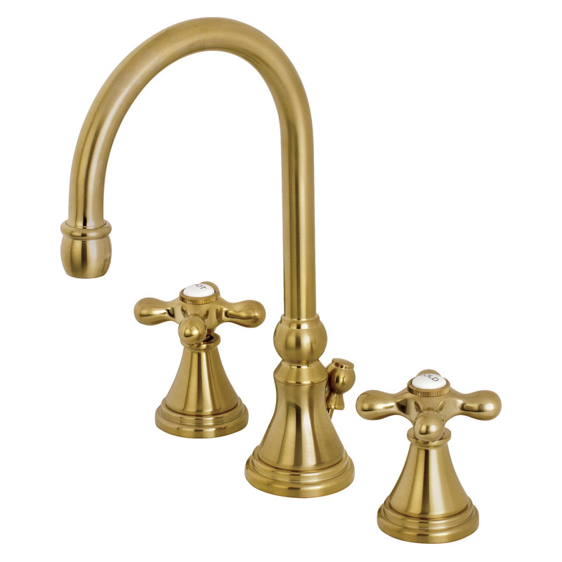 Kingston Brass Governor Two-Handle 3-Hole Deck Mount Widespread Bathroom Faucet with Brass Pop-Up Drain, Brushed Brass