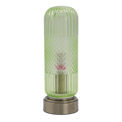 Lampe de table en verre nervuré vert 11,6 po avec lueur ambiante chaleureuse et base en laiton antique pour les tables de chevet, les salons et les consoles de hall d'entrée