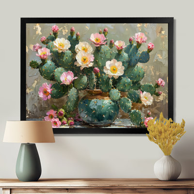 Green Pink Flowering Cactus Glow III - Floral Cactus Wall Art