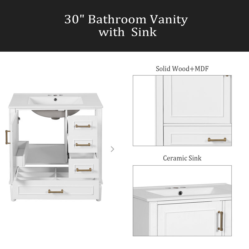 Meuble-lavabo de 30 po avec lavabo en céramique, porte à fermeture en douceur avec tablette intégrée, tiroir profond, tiroir standard, grand tiroir diviseur, grande armoire de rangement pour la salle de bain, design moderne et fonctionnel