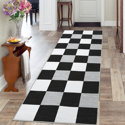 Tapis de couloir à motif écossais 2 x 6 tapis de couloir modernes avec envers antidérapant, tapis de tapis d'intérieur géométrique antidérapant, housse de plancher mince pliable pour la lessive, chambre à coucher, cuisine, noir