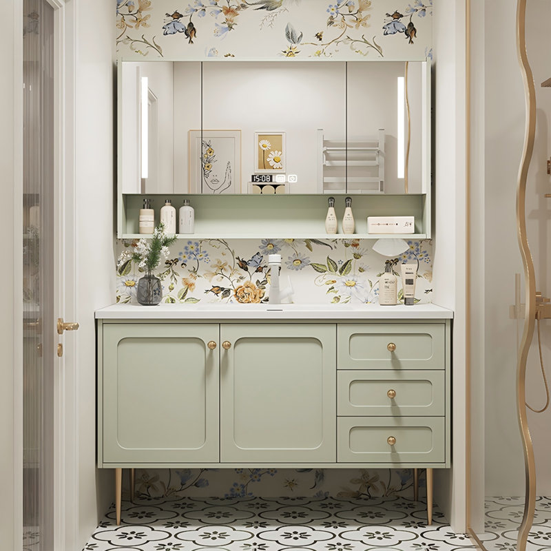 Meuble-lavabo autoportant en bois d'hévéa 39,37 po avec miroir, 39"