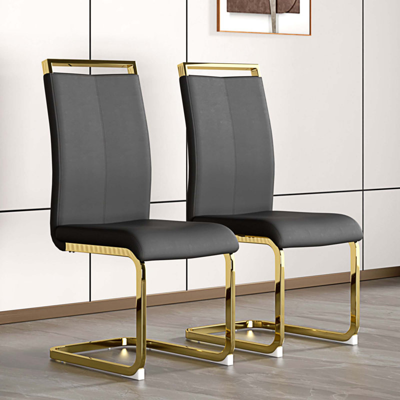 Modern Faux Leather Cantilever Dining Chairs (Set of 4), Dark Gray, Gold, 4