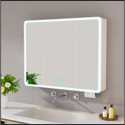 Armoire à pharmacie DEL pour la salle de bain avec lumière blanche une couleur, anti-buée, armoire en plastique-aluminium facile à installer. (27,56 x 35,43 trois portes)