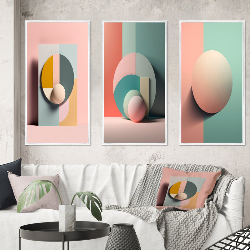 «Geometric Dreaming Retro Minimalisme en rose V», 3 pièces sur toile, Cadre flottant blanc, H 20 po x l 36 po