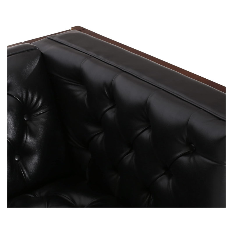 Canapé contemporain en cuir noir Mid-Century avec coutures en losanges capitonnées et structure en bois d'hévéa, Noir