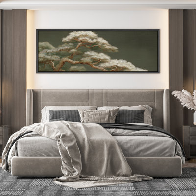 Elegant Evergreen Pine Tree on Deep Forest Green Background - Large Framed Canvas Master Bedroom Wall Art Print