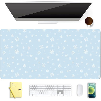 Cute Winter Snowflake Blue Extended Gaming Keyboard Mouse Pad, Non-Slip Leather Home Office Desk Mat Protector, Large Laptop Desk Pad Writing Pad 35.4" x 15.7"
