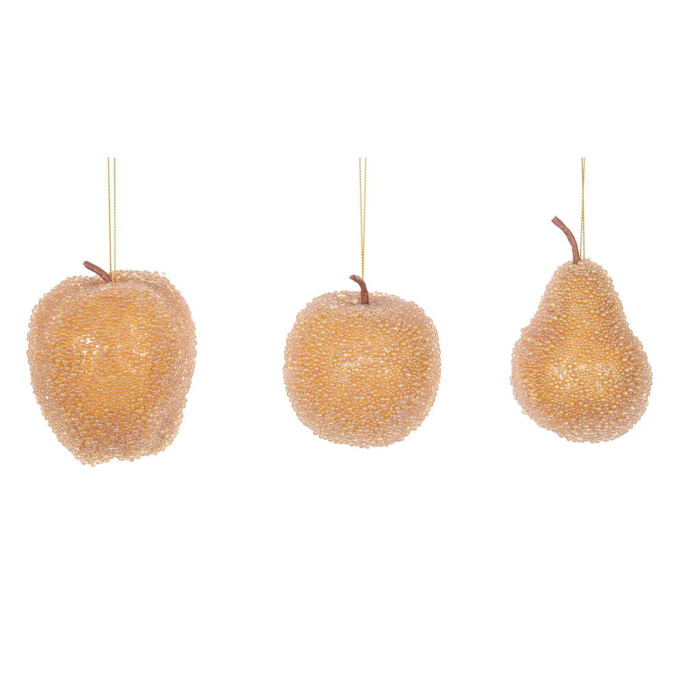 3.5"-4.5" Beaded Fruit Ornament. This includes a set of three., Gold Beaded