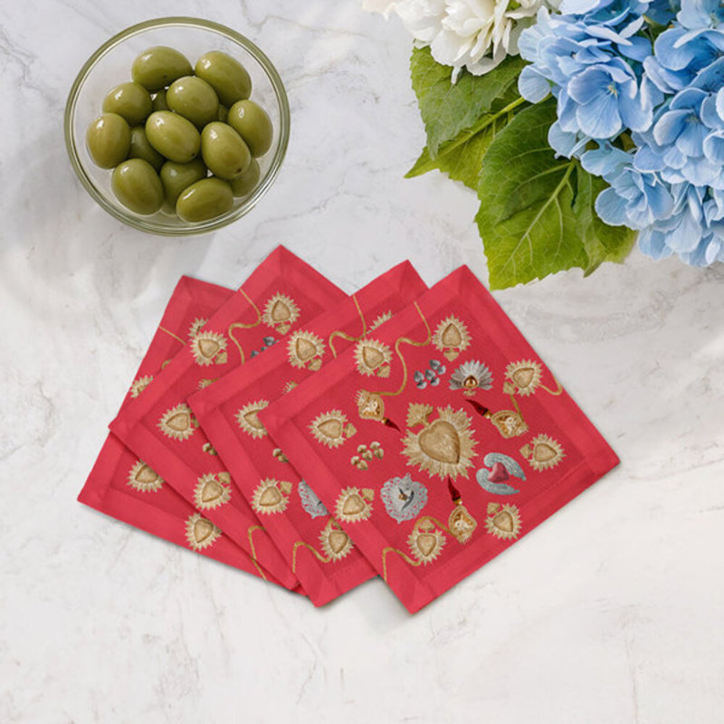 Ex Vote Sacred Hearts Cotton Sateen Cocktail Napkins, Crimson