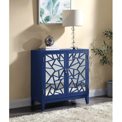 Élégante console à finition bleue Einstein avec rangement spacieux à 2 portes et portes miroir, parfait pour les intérieurs modernes.