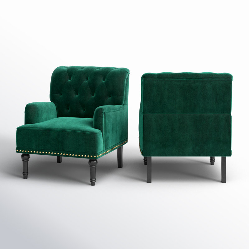 Jakub 28.5" W Velvet Upholstered Tufted Armchair with Nailhead Trim , Green Velvet