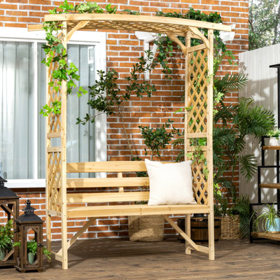 Banc de patio en bois naturel - 3 sièges avec pergola et 2 treillis. Décorez la cour arrière. Capacité de charge de 528 lb. Pour lierre grimpant pour l'extérieur 3 plantes de vignes idéales. Espace décoratif. Capacité