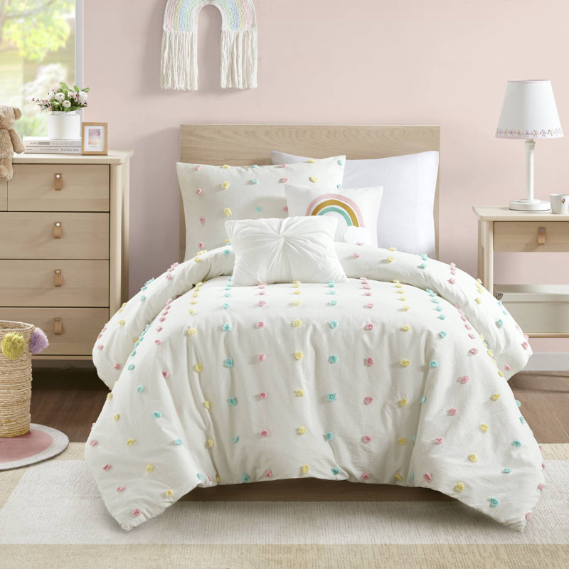 Callie Pom Pom Cotton Jacquard Quilt Set with Throw Pillows, Twin Quilt + 1 Shams + 2 Throw Pillows, Cream/Aqua/Teal