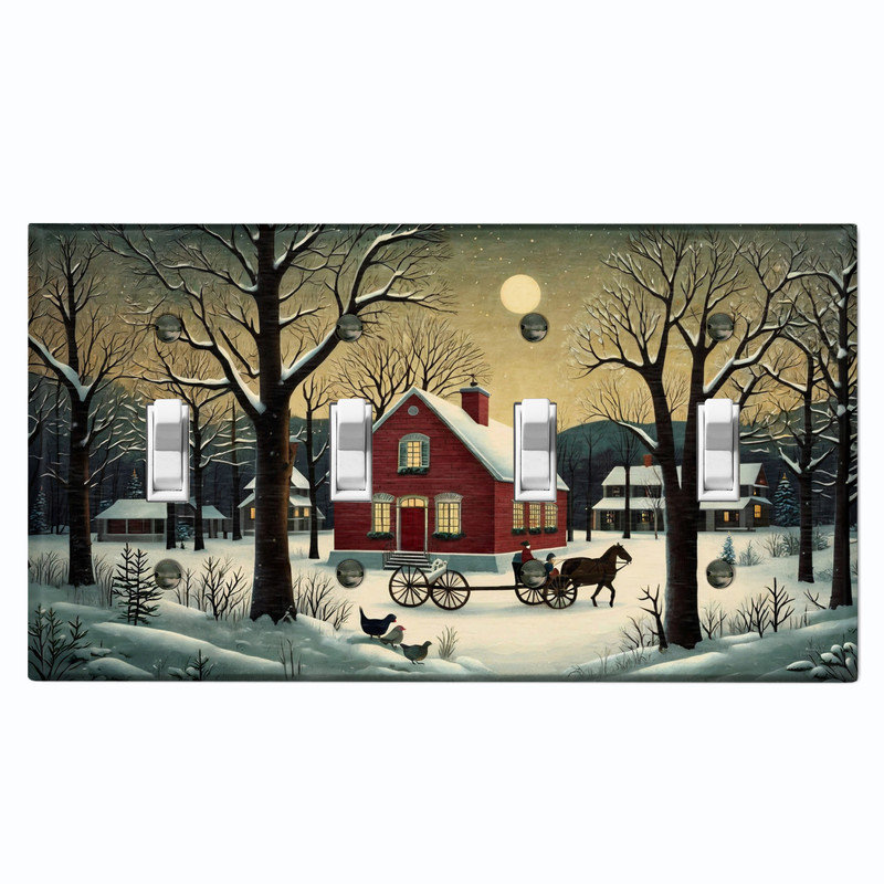 Couvercle de plaque d'interrupteur en métal; Bascule à 4 bandes US standard - Snowy Farmstead, # 4 Quad bascule