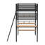 Lit mezzanine simple en métal à économie d'espace avec panneaux en filet, bureau intégré et trois tablettes ouvertes avec lit noir mat et 3 tablettes pour l'espace de travail