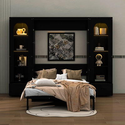 Grand lit plateforme escamotable avec tablette, armoires latérales, tiroirs et DEL