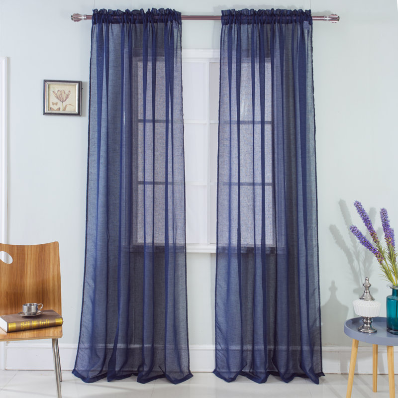 Panneau de rideau simple diaphane avec passe-tringle Landrienne, Bleu marine