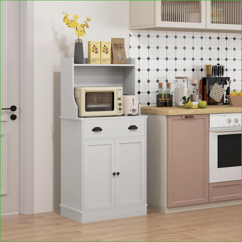 Armoire de cuisine avec support pour micro-ondes, tiroir et amp; Tablette réglable | Bois aggloméré blanc moderne