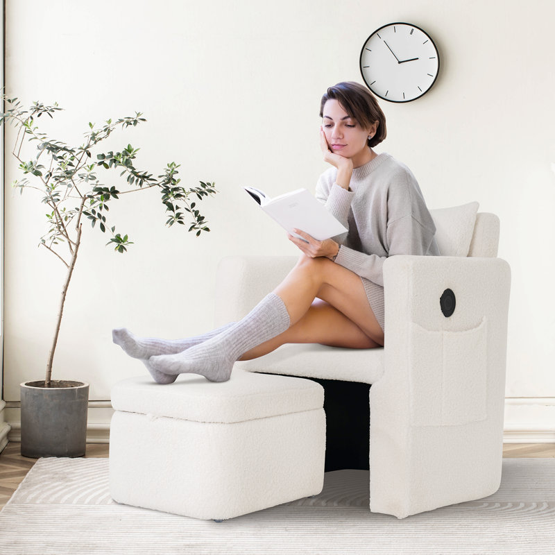 Barrel Accent Chair With Storage Ottoman, White