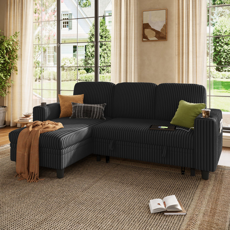 Sherry 81'' Upholstered Modular Sectionals with Pull Out Sofa,Storage Chaise,USB Charging & Cup Holders, Effie Black Corduroy