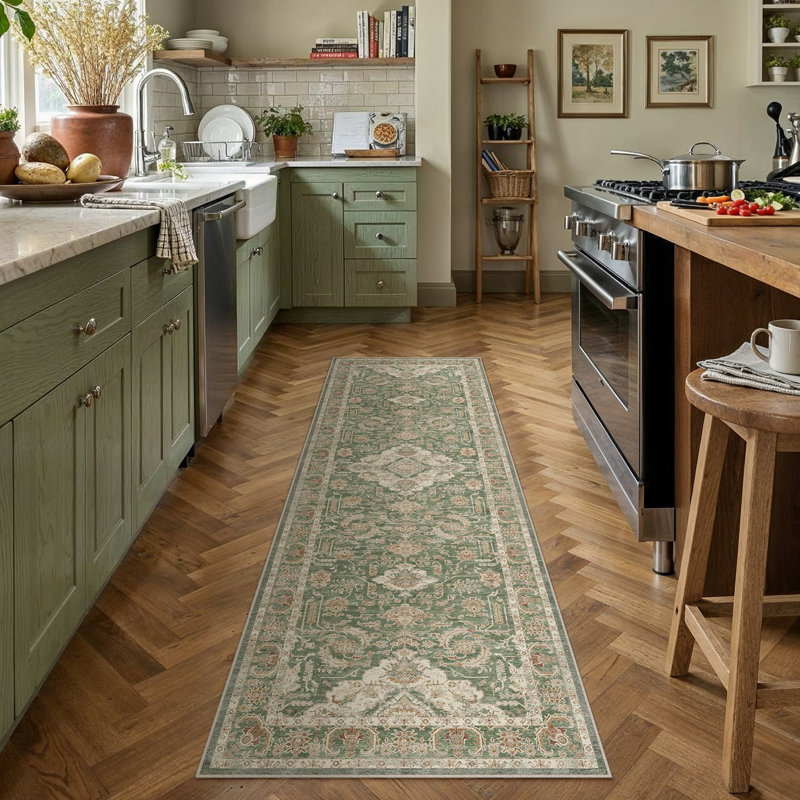 Tapis Aurea vintage vieilli, lavable à la machine et doté d'un envers antidérapant, Vert brun, Tapis de couloir 2 pi x 8 pi