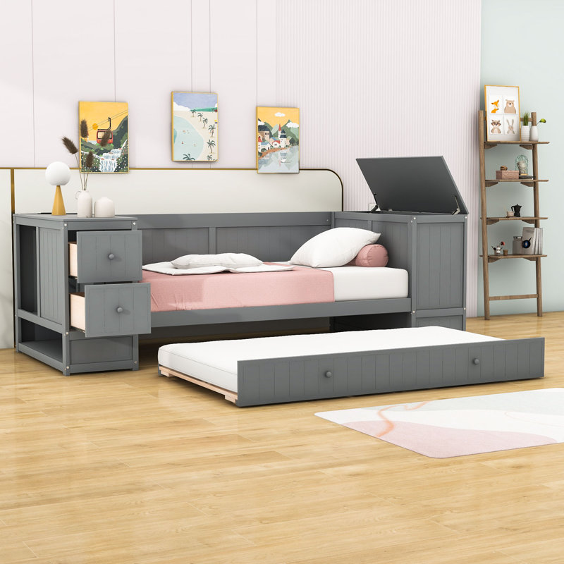 Lit de jour simple en bois avec accoudoirs et lit gigogne Dobb, Gris