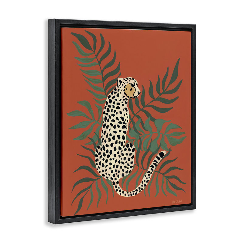 «Leopard & Palm Leaves», art mural encadré sur toile flottante par Yvette St. Amant, Cadre flottant noir de jais